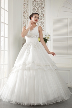 V-Back Ball Gown Full Length Tulle Wedding Dress For Full Figure 