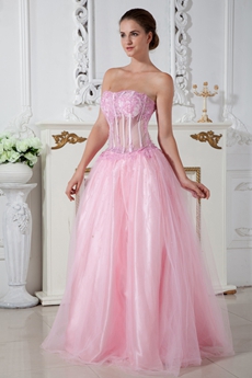 Sheer Bodice Puffy Pink Tulle Princess Quinceanera Dress 