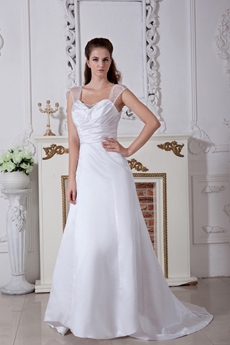 V-Back Straps A-line Full Length Satin Wedding Dress 