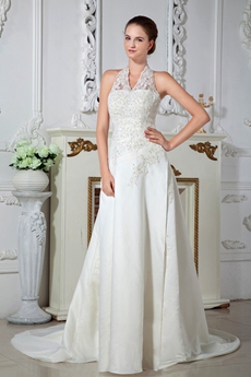 Top Halter A-line Ivory Wedding Dress With Lace Bodice 