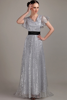 Short Sleeves Silver Sequined Prom Dress With Black Sash 