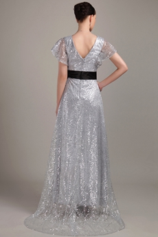 Short Sleeves Silver Sequined Prom Dress With Black Sash 