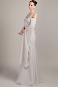 Off The Shoulder Long Sleeves Gray Chiffon Celebrity Evening Dress 