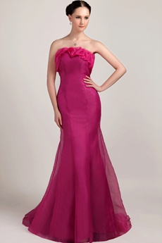 Sweet Strapless Full Length Fuchsia Organza Mermaid Prom Dress 
