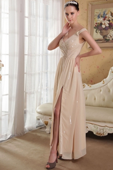 Hot Off The Shoulder A-line Champagne Chiffon Evening Dress 