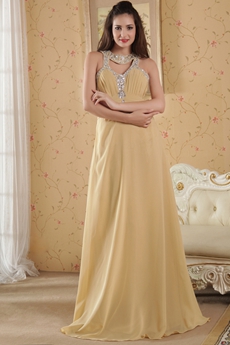 Cut Out Jewel Neckline Champagne Long Prom Dress 