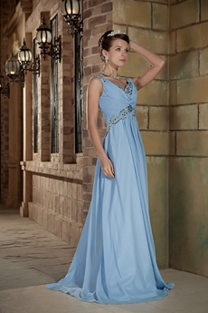 V-Neckline Sleeveless A-line Blue Plus Size Prom Dress 
