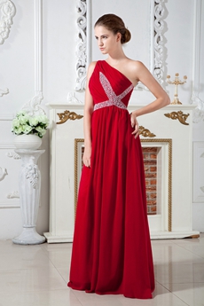 Column Floor Length One Shoulder Red Chiffon Prom Dress 