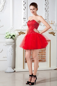 Puffy Mini Length Sweetheart Red Tulle Sweet 16 Dress