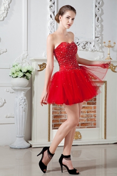 Puffy Mini Length Sweetheart Red Tulle Sweet 16 Dress