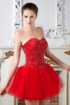 Puffy Mini Length Sweetheart Red Tulle Sweet 16 Dress