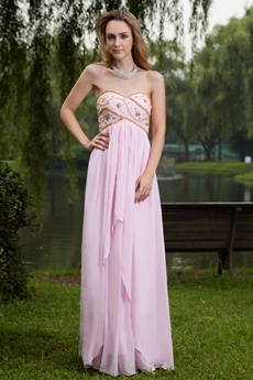 Embroidered Empire Full Length Pink Prom Dress 