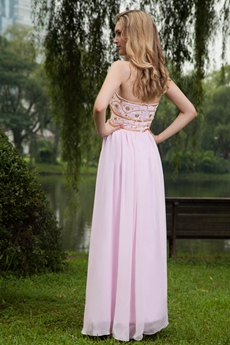 Embroidered Empire Full Length Pink Prom Dress 