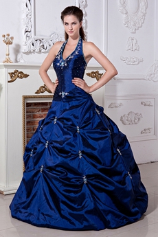 Top Halter Ball Gown Royal Blue Quinceanera Dress With Embroidery