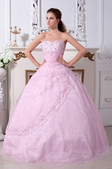 Embroidery Pink Organza Ball Gown Quinceanera Dress 