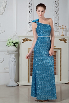 One Shoulder Column Ankle Length Turquoise Sequined Prom Gown