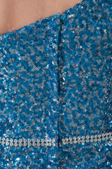 One Shoulder Column Ankle Length Turquoise Sequined Prom Gown