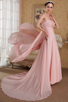 Delicate A-line Full Length Pink Chiffon Prom Dress With Ribbon 