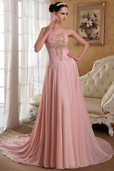 Delicate A-line Full Length Pink Chiffon Prom Dress With Ribbon 