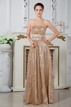 Stunning Column Floor Length Gold Sequined Lace Prom Dress