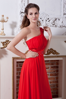 A-line Full Length Red Chiffon One Shoulder Plus Size Evening Gown 