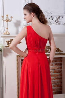 A-line Full Length Red Chiffon One Shoulder Plus Size Evening Gown 
