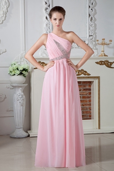 Straight Full Length One Shoulder Pink Chiffon Bridesmaid Dress 