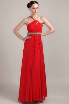 Column Full Length Red Chiffon One Shoulder Prom Gown