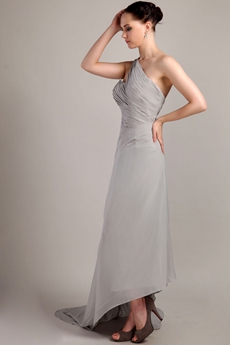 Asymmetrical Hem One Shoulder Gray Chiffon Evening Dress 