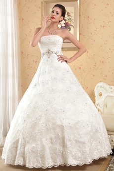 New Faddish Strapless White Lace Wedding Dress Ball Gown 