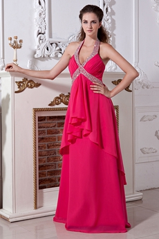 Hot Pink Chiffon Top Halter Column Prom Dress 
