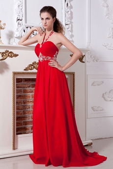 Top Halter A-line Long Red Chiffon Prom Dress 