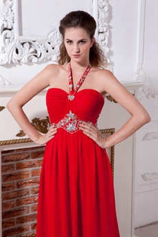 Top Halter A-line Long Red Chiffon Prom Dress 