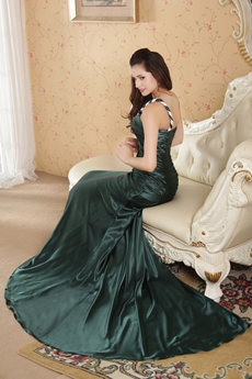 One Shoulder A-line Full Length Dark Green Prom Dress 