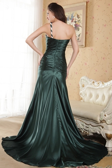 One Shoulder A-line Full Length Dark Green Prom Dress 