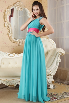 Lovely One Shoulder Column Blue Prom Dress With Hot Pink Sash 