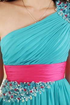 Lovely One Shoulder Column Blue Prom Dress With Hot Pink Sash 
