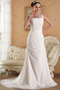 Affordable Straps A-line Chiffon Wedding Dress With Beads 