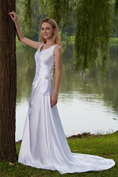 Corset Back V-Neckline Full Length Satin Plus Size Wedding Dress 