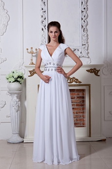 Plunge Neckline Cap Sleeves Column Chiffon Beach Wedding Gown 