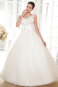 V-Neckline Straps Full Length Princess Wedding Dress Big Size