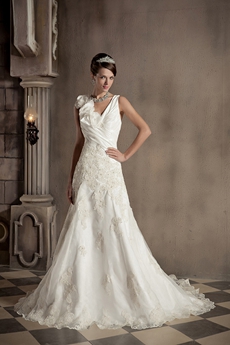 Beautiful V-Neckline A-line Full Length Summer Wedding Dress 