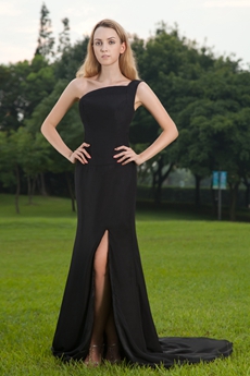 Special One Shoulder Sheath Floor Length Black Evening Dress Backless 