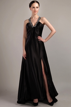 Sexy Plunge Neckline Black Evening Dress Front Slit 