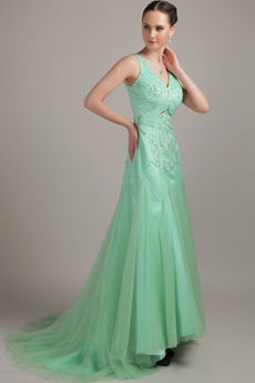 Mint Green Plunge Neckline A-line Tulle Prom Gown With Embroidery