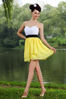 Lovely White And Yellow Mini Length Damas Dress 