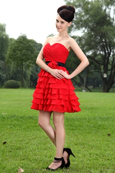 Red Chiffon Puffy Mini Length Damas Dress With Multi Tiered 