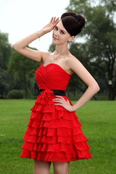 Red Chiffon Puffy Mini Length Damas Dress With Multi Tiered 