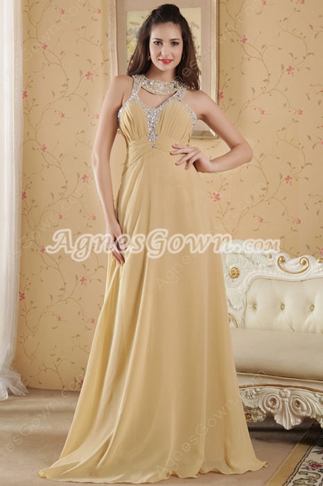 Cut Out Jewel Neckline Champagne Long Prom Dress 