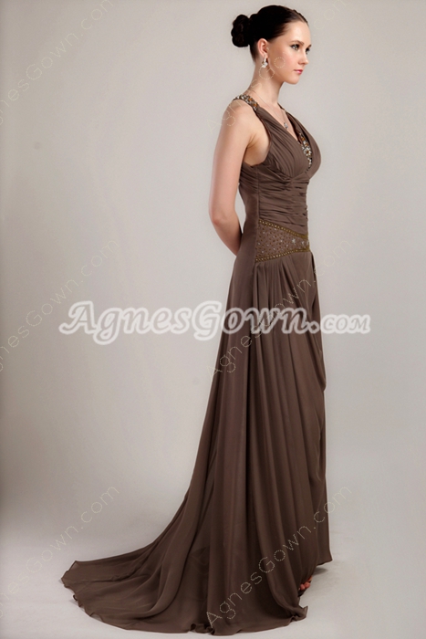 Mature V-Neckline A-line Brown Chiffon Prom Dress 